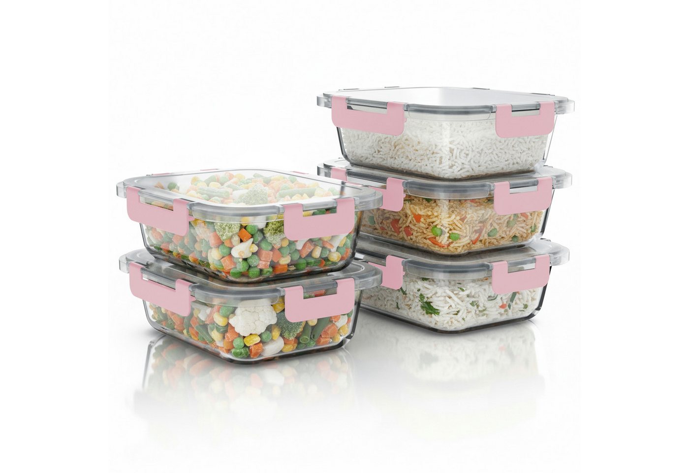 Arendo Frischhaltedose, mit Deckel 5er Set, Vorratsdosen, Glas-Lunchboxen, auslaufsicher, transparent/rosa Bild 2