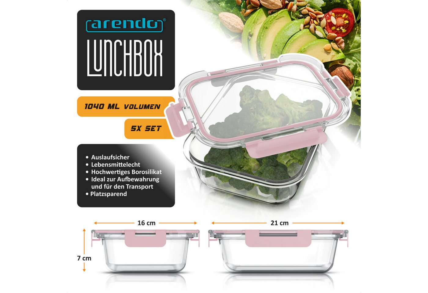 Arendo Frischhaltedose, mit Deckel 5er Set, Vorratsdosen, Glas-Lunchboxen, auslaufsicher, transparent/rosa Bild 4