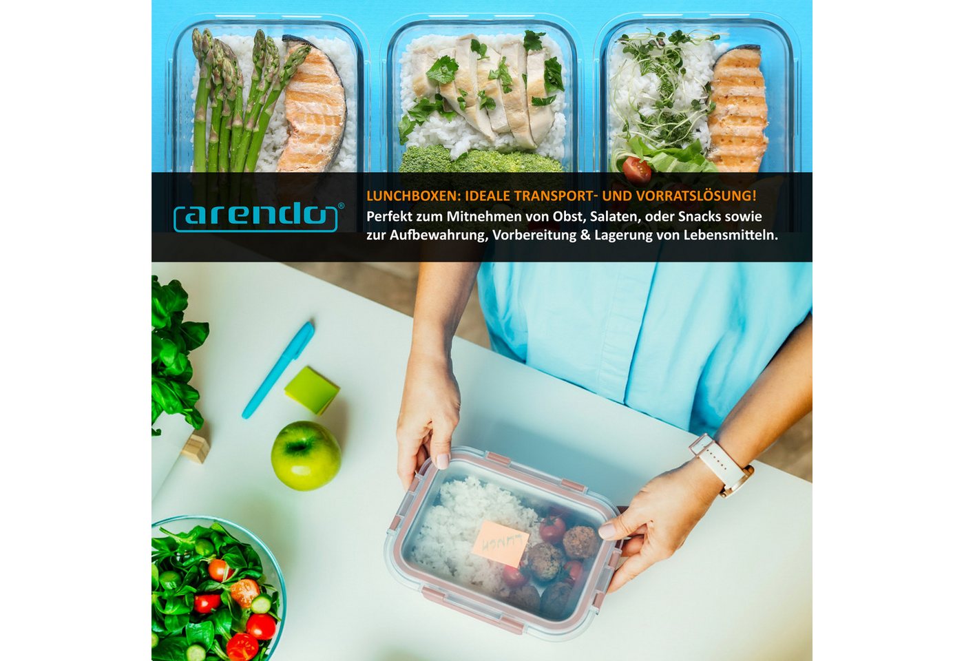 Arendo Frischhaltedose, mit Deckel 5er Set, Vorratsdosen, Glas-Lunchboxen, auslaufsicher, transparent/rosa Bild 5