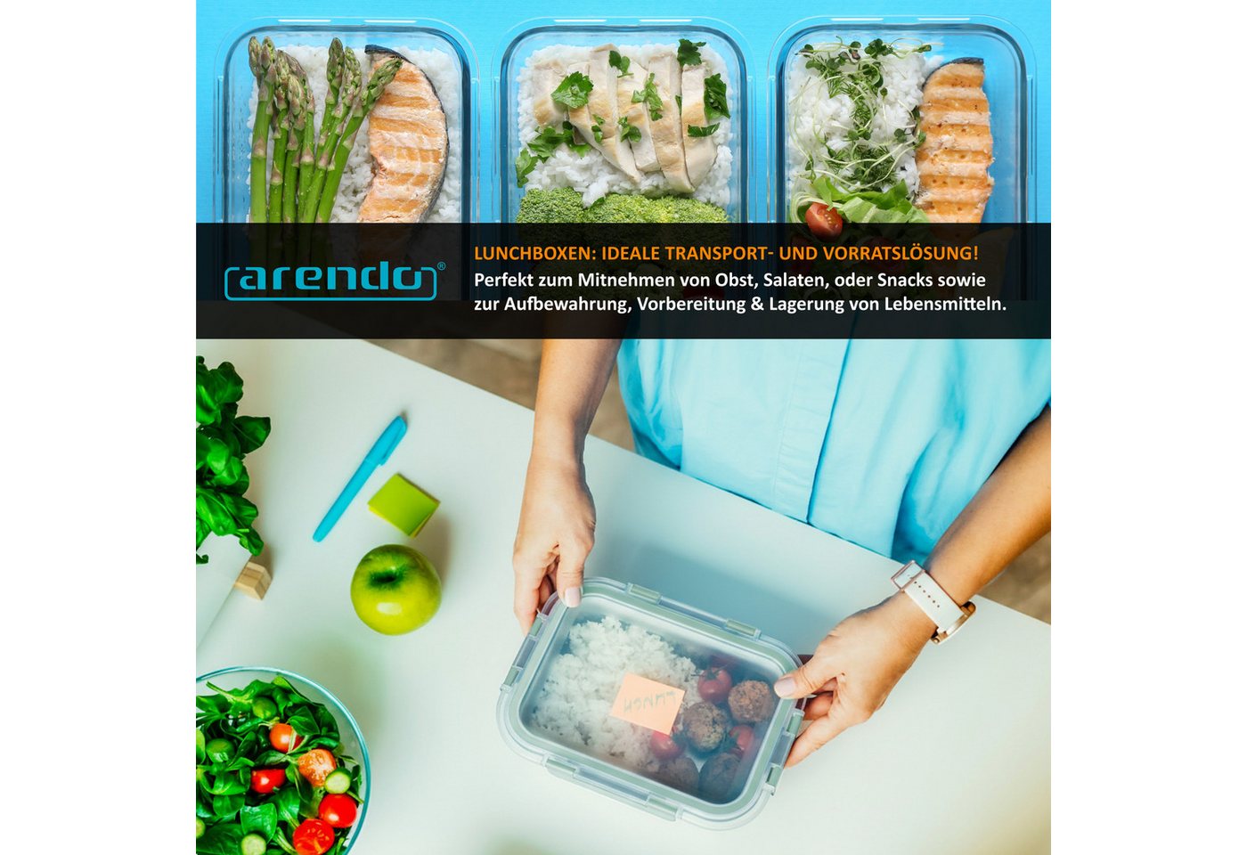 Arendo Frischhaltedose, mit Deckel 5er Set, Vorratsdosen, Glas-Lunchboxen, auslaufsicher, transparent/mint Bild 2