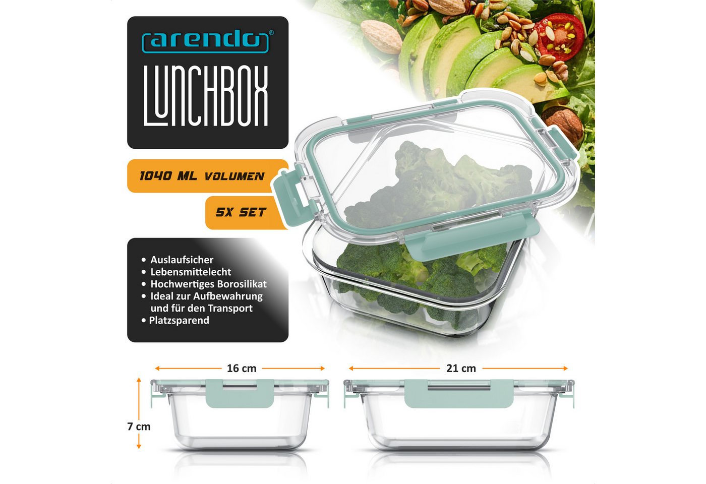 Arendo Frischhaltedose, mit Deckel 5er Set, Vorratsdosen, Glas-Lunchboxen, auslaufsicher, transparent/mint Bild 3