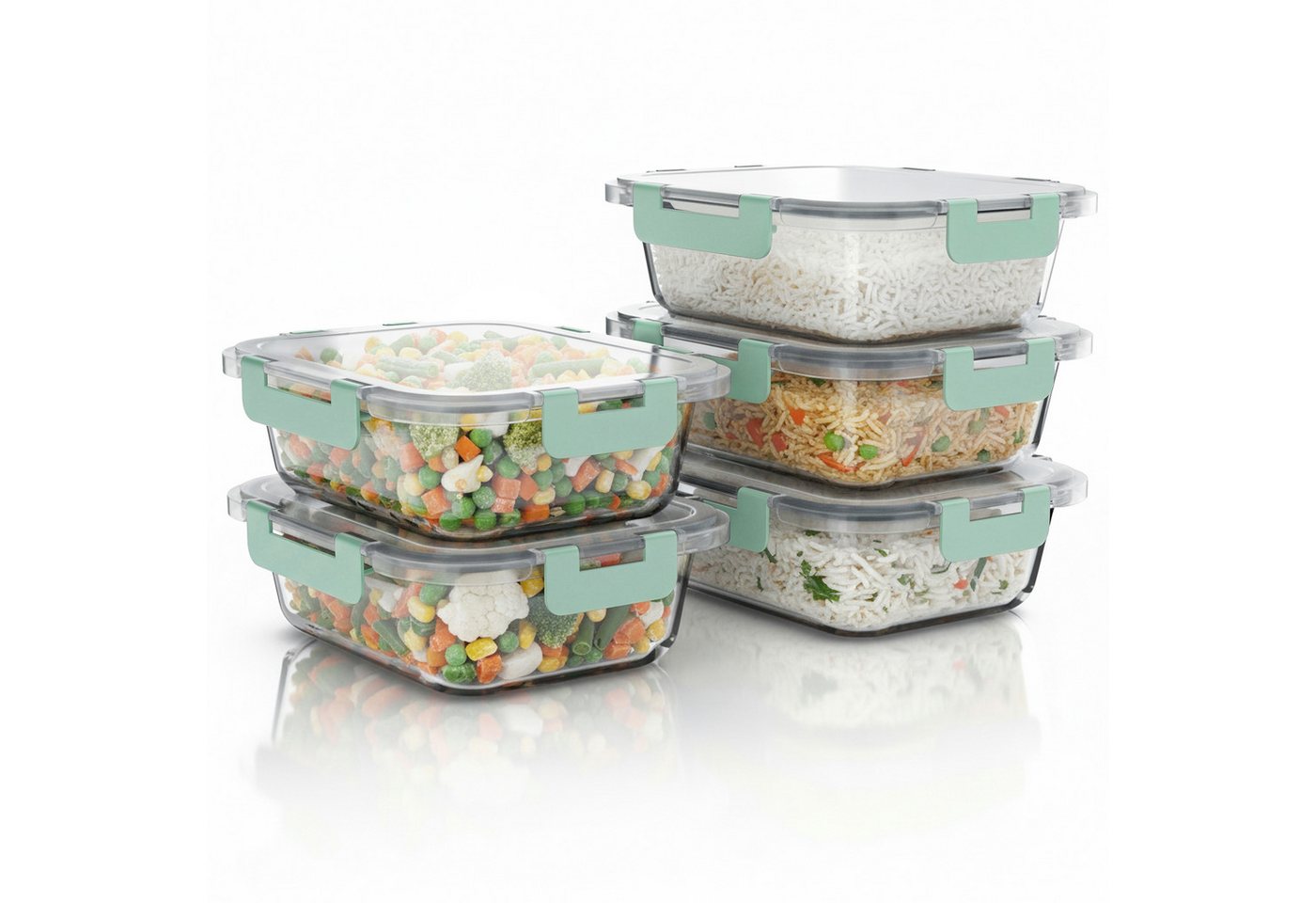Arendo Frischhaltedose, mit Deckel 5er Set, Vorratsdosen, Glas-Lunchboxen, auslaufsicher, transparent/mint Bild 4