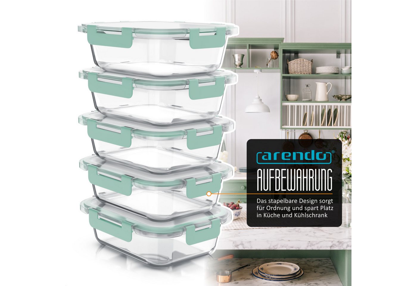 Arendo Frischhaltedose, mit Deckel 5er Set, Vorratsdosen, Glas-Lunchboxen, auslaufsicher, transparent/mint Bild 5