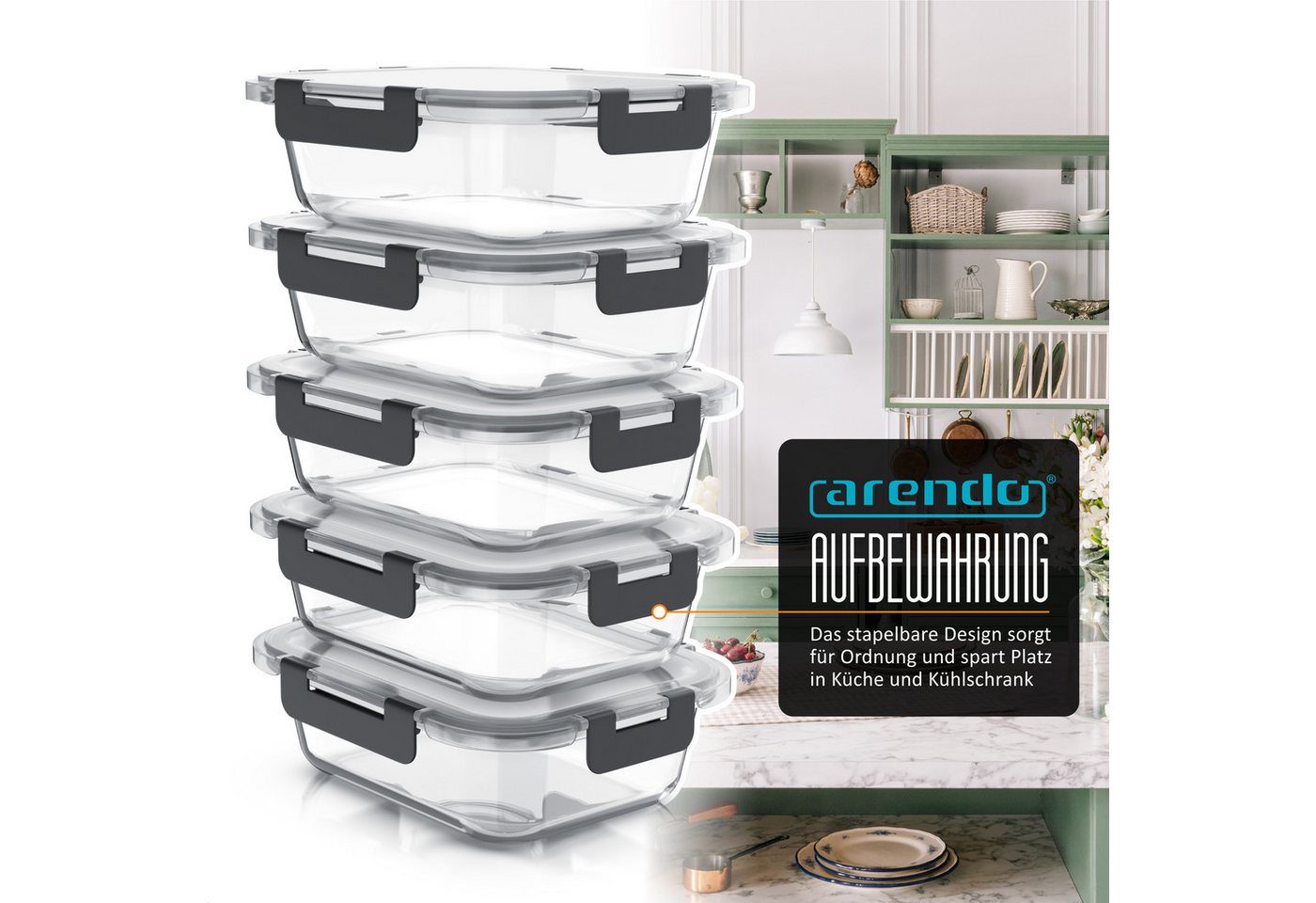 Arendo Frischhaltedose, mit Deckel 5er Set, Vorratsdosen, Glas-Lunchboxen, auslaufsicher, transparent/schwarz