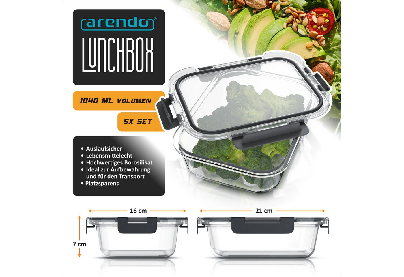 Arendo Frischhaltedose, mit Deckel 5er Set, Vorratsdosen, Glas-Lunchboxen, auslaufsicher, transparent/schwarz Bild 2
