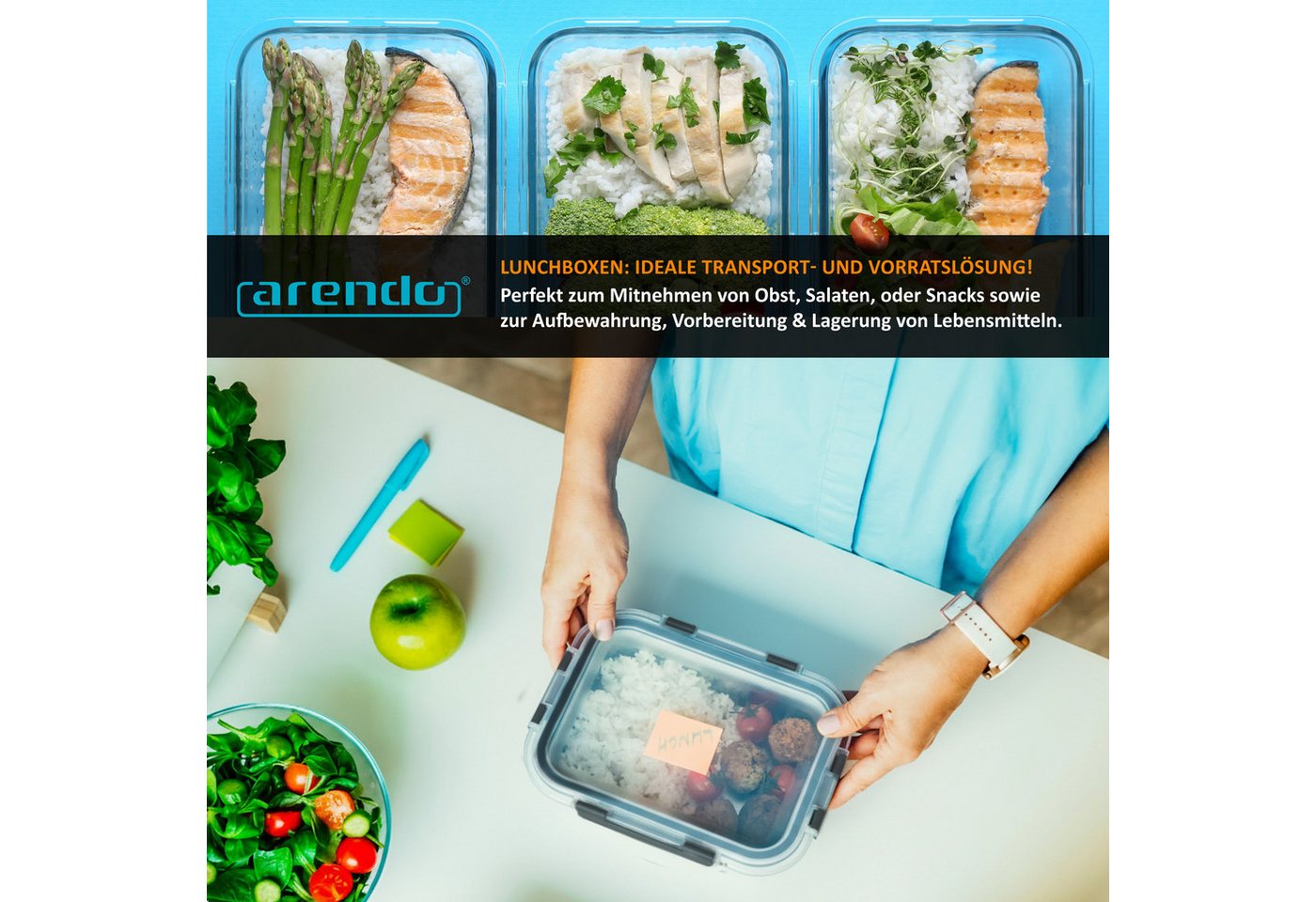Arendo Frischhaltedose, mit Deckel 5er Set, Vorratsdosen, Glas-Lunchboxen, auslaufsicher, transparent/schwarz Bild 3