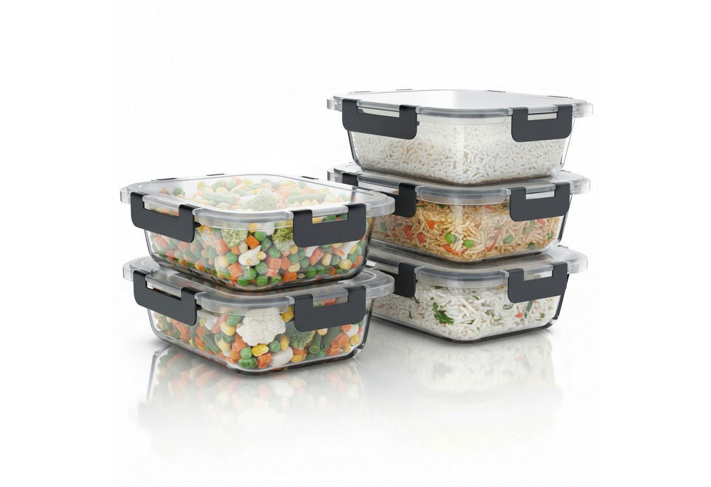 Arendo Frischhaltedose, mit Deckel 5er Set, Vorratsdosen, Glas-Lunchboxen, auslaufsicher, transparent/schwarz Bild 5