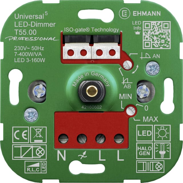 Ehmann 5500x0000 Universal-dimmer Geeignet Für Leuchtmittel: Led-lampe, Halogenlampe, Glühlampe, Fil