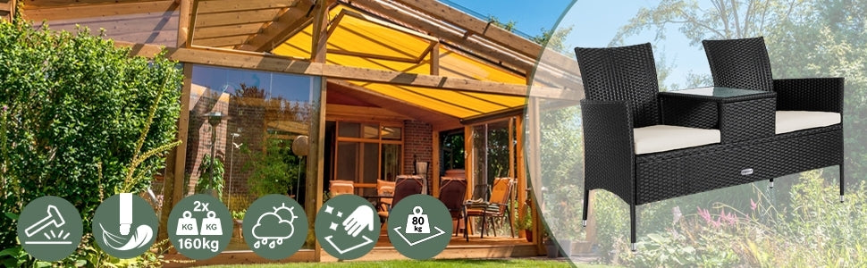 Jack & Jill Bank Mit Tisch Aus Poly-rattan - Schwarz/creme