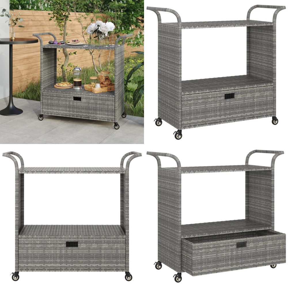 Barwagen Mit Schublade Grau 100x45x97 Cm Poly Rattan - Gartenbarwagen - Küchenbarwagen