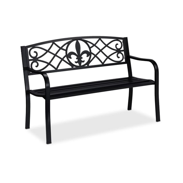 Gartenbank, Fleur De Lis Motiv, 2-sitzer, Stahl, Garten Und Terrasse, Hxbxt: 86 X 127 X 60 Cm, Schwarz - Relaxdays