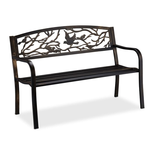 Relaxdays - Gartenbank, Vögel Muster, 2-sitzer, Vintage, Garten & Balkon, Stahl, Sitzbank, 87x127x57 Cm, Schwarz/bronze
