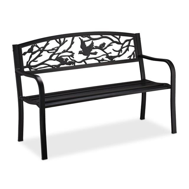 Relaxdays - Gartenbank, Vögel Muster, 2-sitzer, Vintage, Garten & Balkon, Stahl, Sitzbank, Hbt: 87x127x57 Cm, Schwarz