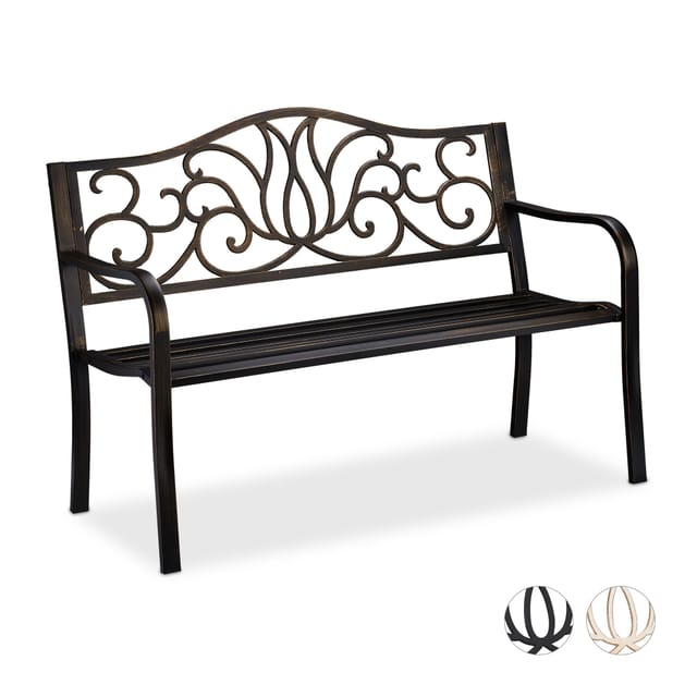 Gartenbank Antik Für 2 Personen, Balkon, Terrasse, Metallbank Hbt 90x127,5x63 Cm, Stahl, Guss, Schwarz-bronze