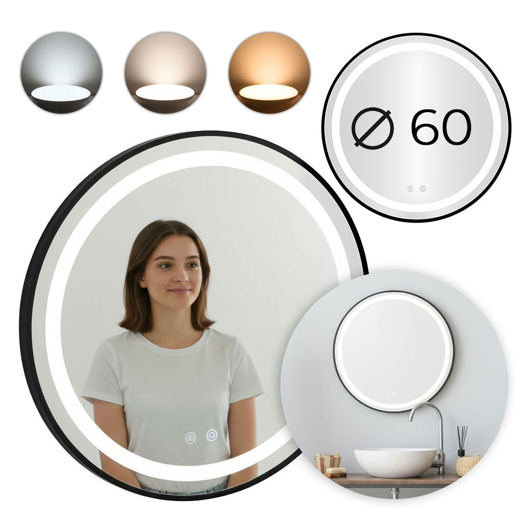 Led-badezimmerspiegel, 60 Cm Rund, Berührungsschalter, 3 Lichtfarben