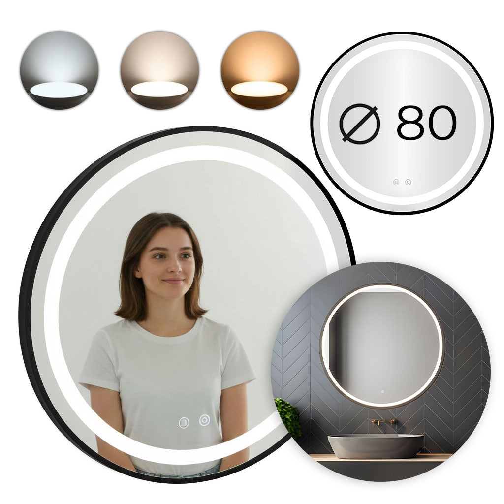 Led-badezimmerspiegel, Rund, 80 Cm, Touch-bedienung, 3 Lichtfarben