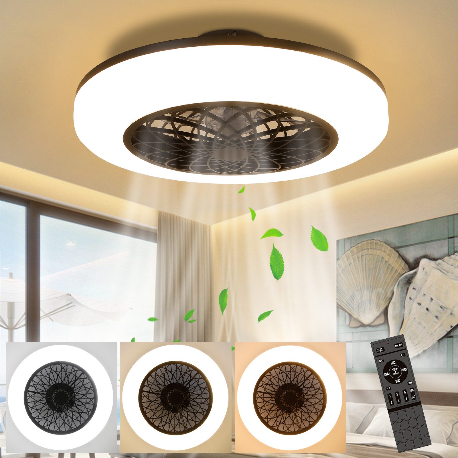 Gbly Led Deckenventilator Mit Beleuchtung 49.5cm Modern Leise Deckenleuchte Mit Fernbedienung Dimmbar Für Wohnzimmer Schlafzimmer Küche Esszimmer