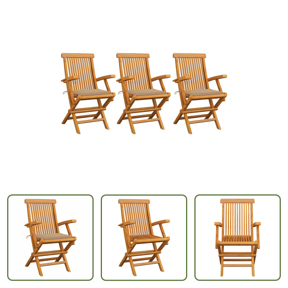Teakholz - Gartenstühle Mit Beige Kissen 3 Stk. Massivholz Teak