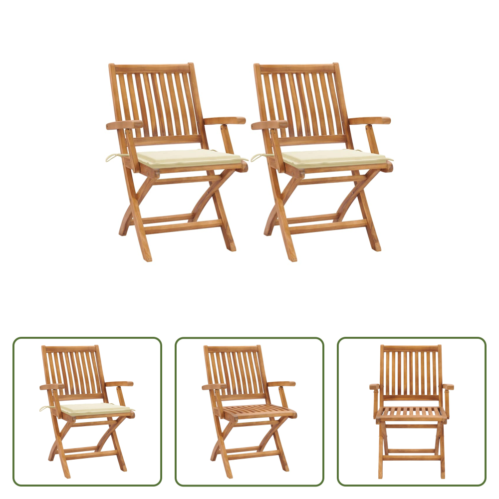 Teakholz - Gartenstühle 2 Stk. Mit Cremeweißen Kissen Teak Massivholz