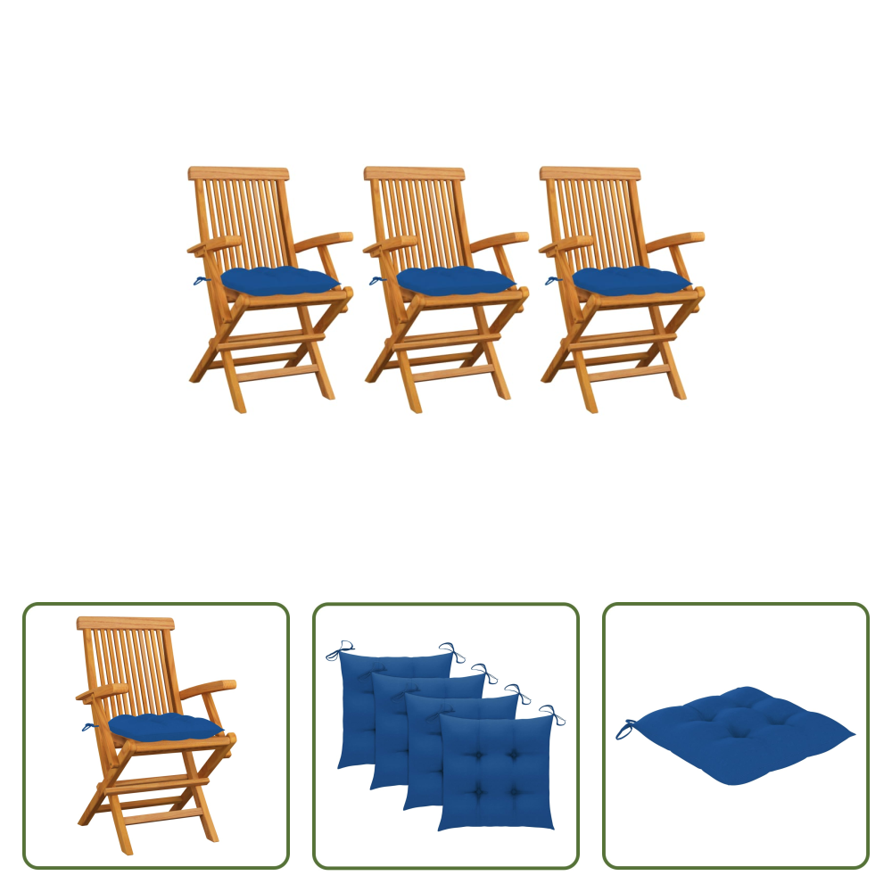 Teakholz - Gartenstühle Mit Blauen Kissen 3 Stk. Massivholz Teak