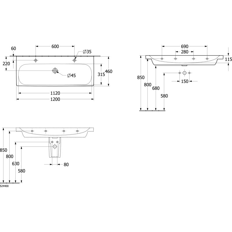 Villeroy & Boch Skyla Doppel-schrankwaschtisch 120 X 46 Cm, Mit Überlauf