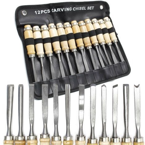 Wiltec - Schnitzeisen Set 12tlg. Für Holzschnitzerei Mit Flacheisen & Hohleisen Aus Stahl, Beitel Mit Holzgriffen Für Kreativität Und Hobby