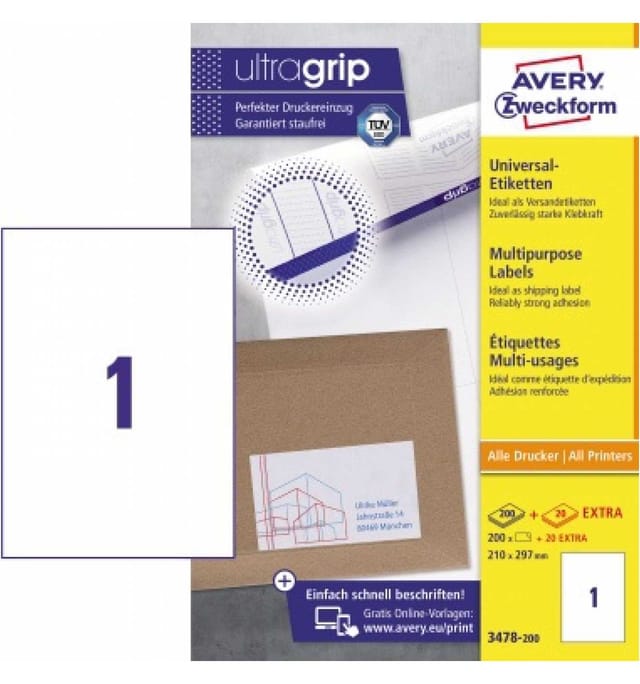 Avery Zweckform - Universaletikett Ultragrip 210 X 297 Mm (b X H) Nicht Wieder Ablösbar Papier Weiß 220 Etik./pack.