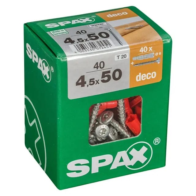 Spax - Universalschrauben 4.5 X 50 Mm Tx 20 - 40 Stk. (+40 Dübel) Holzschrauben