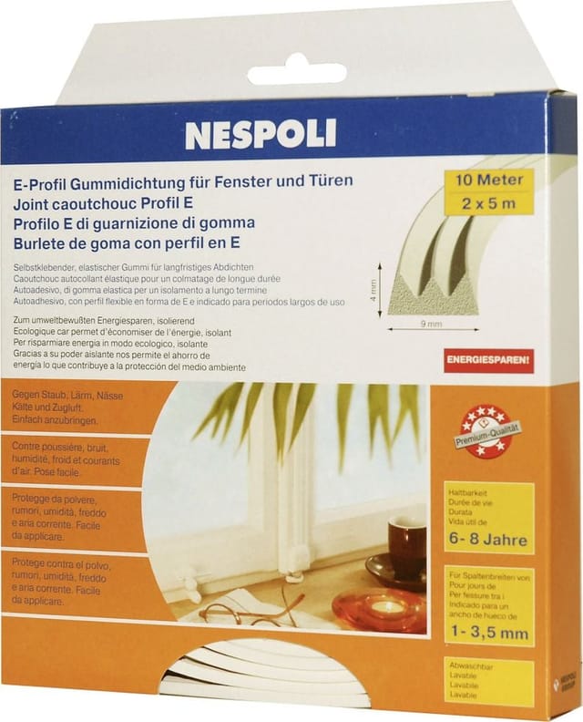 Nespoli Fenster- Und Türdichtung Mit E-profil Je 5 M, 9 X 4 Mm, Weiß, 2 Stück Türdichtungen & Fensterdichtungen