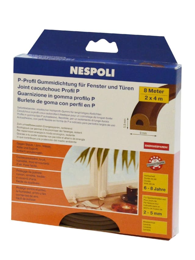 Nespoli - Fenster- Und Türdichtung Mit P-profil Je 4 M, 9 X 5,5 Mm, Braun, 2 Stück Türdichtungen & Fensterdichtungen