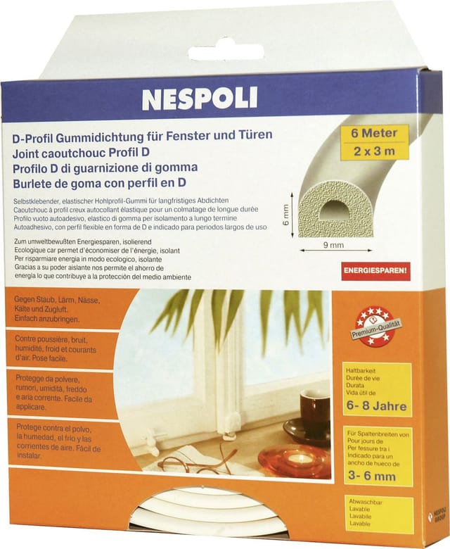 Nespoli Fenster- Und Türdichtung Mit D-profil Je 3 M, 9 X 6 Mm, Weiß, 2 Stück Türdichtungen & Fensterdichtungen