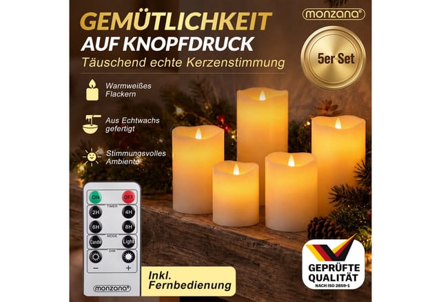 Monzana® Led Kerzen Mit Timerfunktion Flackernd Echtwachs Batteriebetrieben Mit Fernbedienung Dimmbar In Warmweiß Set À 5 Größen Ø7,5cm