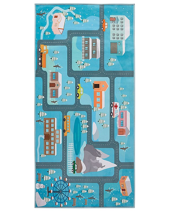 Beliani - Teppich Blau Polyester 80 X 150 Cm Kurzflor Bedruckt Stadt Motiv Kinderzimmer Rechteckig