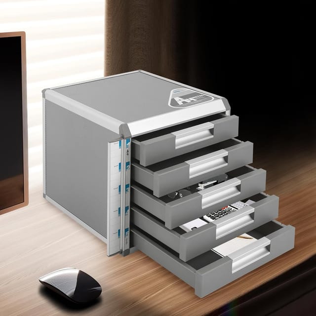 31.5 35 29.8cm Modern Drehbarer Abfluss Metall Schubladenbox Abschließbar 5 Fächer A4 Mit Beschriftungsfeldern Dokumenten Aufbewahrung Ablagebox Aluminiumlegierung Robust