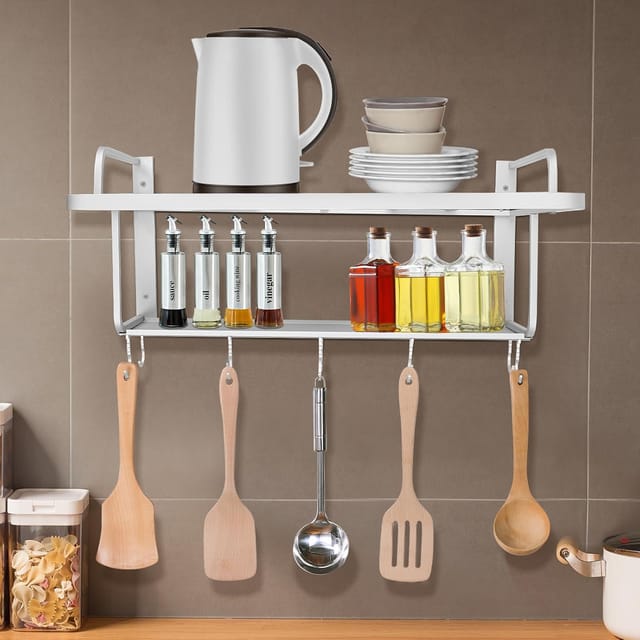 2-stufiges Wand-montierte Mikrowelle Regal Mit Bewegliche Laminate, Silbrig Metall Mikrowellenhalter Mit 10 Haken, Mikrowellenhalterung Hängenden Mini Backofen Halterung Für Küchenablagen Organizer