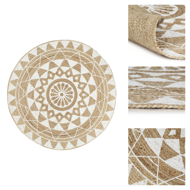 Teppich Handgefertigt Jute Weißer Druck 90 Cm - Naturfaser Teppich - Jute Teppich - Gewebter Teppich - Rattan Teppich - Wohnzimmer Teppich