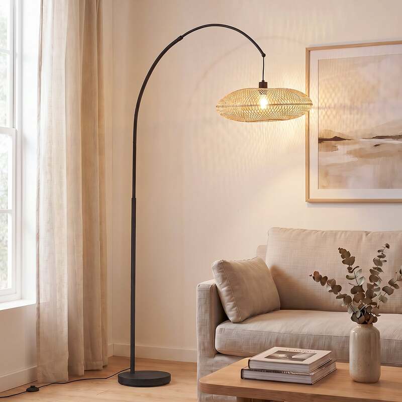 [gebraucht] B-ware Lindby Bogenleuchte Solvian Schwarz/natur Bambus Metall Lampe Leuchte Spot