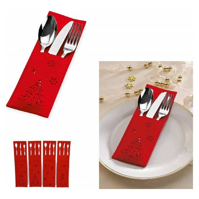 Trade Shop Traesio - Trade Shop - 6 X Weihnachts-besteckhalter Aus Rotem Filz, 15 X 9 Cm, In Form Eines Weihnachtsmanns, Rentiers Und Schneemanns -