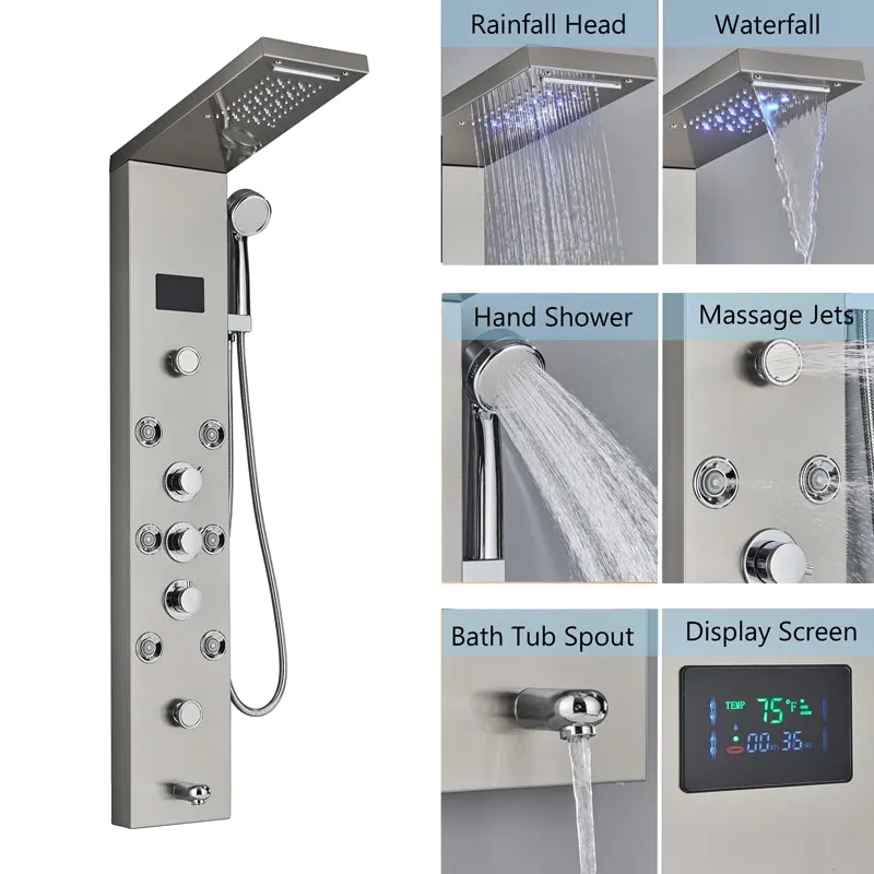 Duschpaneel, Digitalanzeige, Körpermassagedüsen, Gebürstet 8009