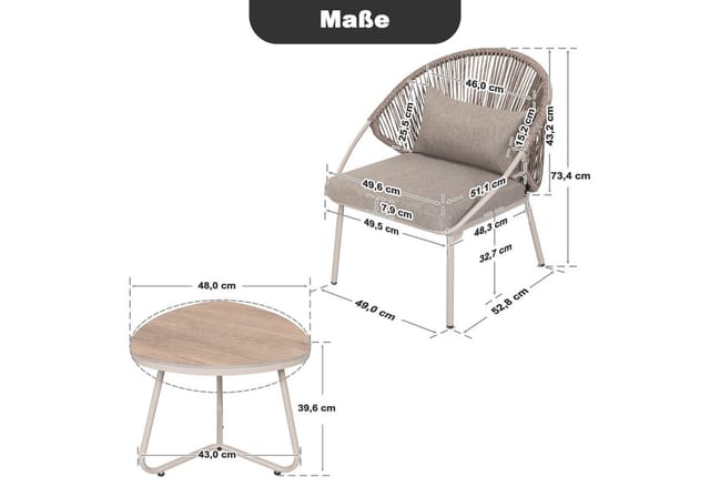 Avestar 3-tlg. Bistro Set, Balkontisch Mit Holzmaser-optik Und 2 Rattanstühlen Mit Kissen, Graubraun Und Weiß