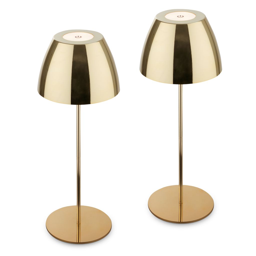 2er Set Akku Tischlampen: Die Eleganten Leuchten In Goldfarbe Fügen Sich Vielseitig In Unterschiedliche Umgebungen Ein Und Sind Mit Einer Höhe Von Jeweils 36cm Kompakt Auf Tisch, Sideboard Oder Terras
