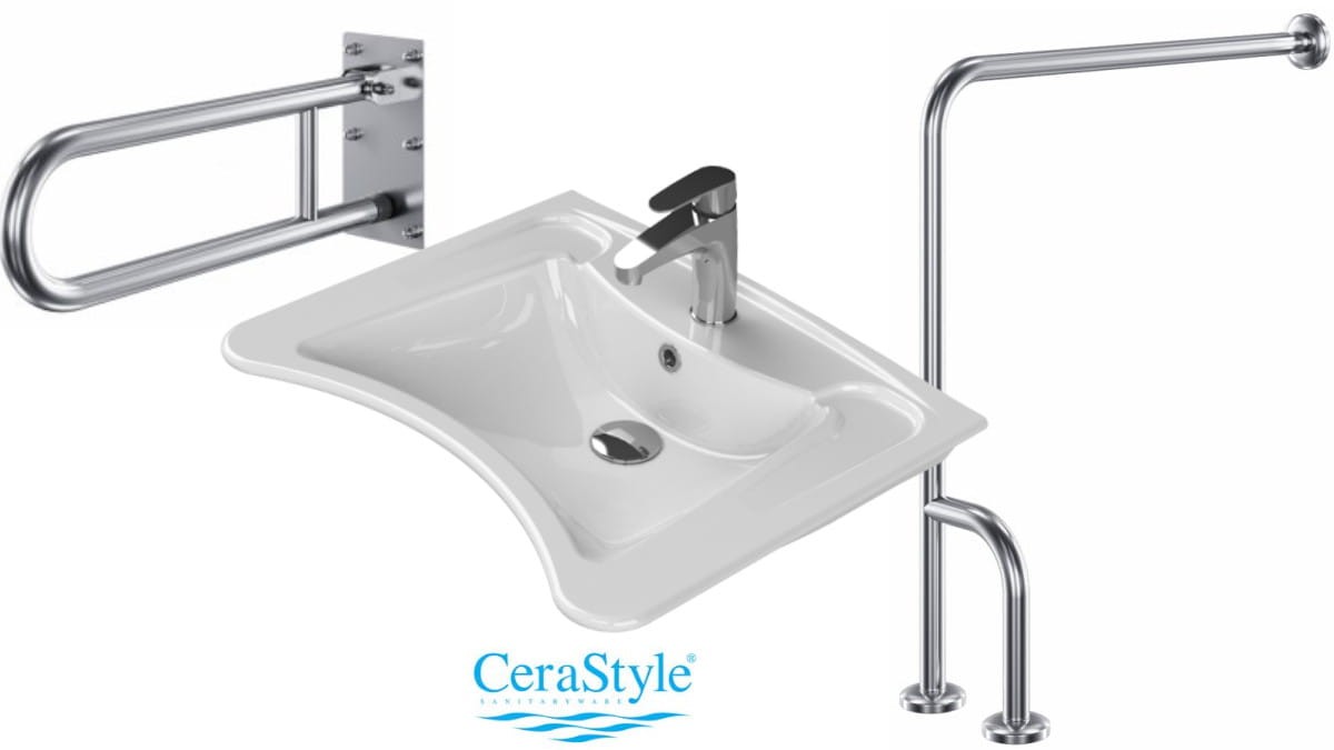 Waschbecken-set Für Behinderte Mit Haltegriffen, Keramik Weiß Cerastyle 60x50 Cm