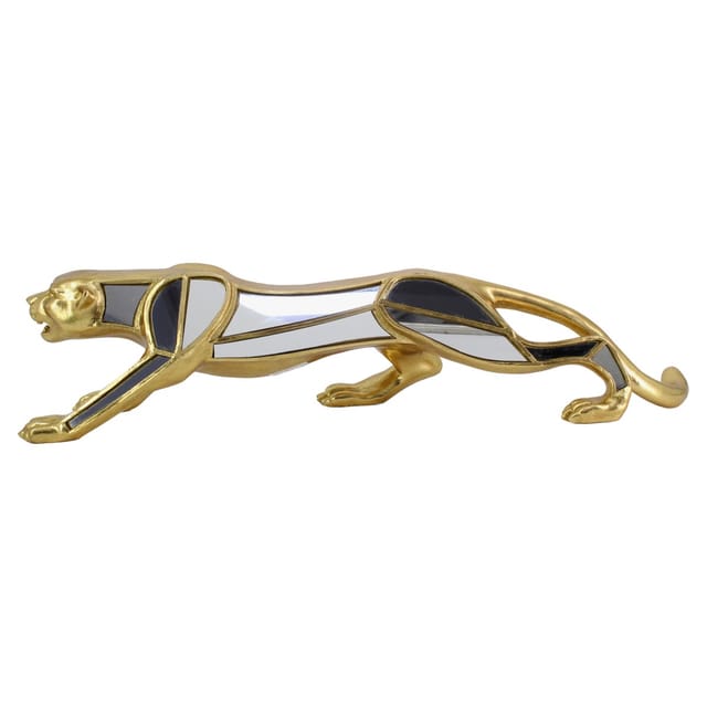 Leopardenfigur Aus Goldenem Kunstharz Mit Spiegeldetails - Neu