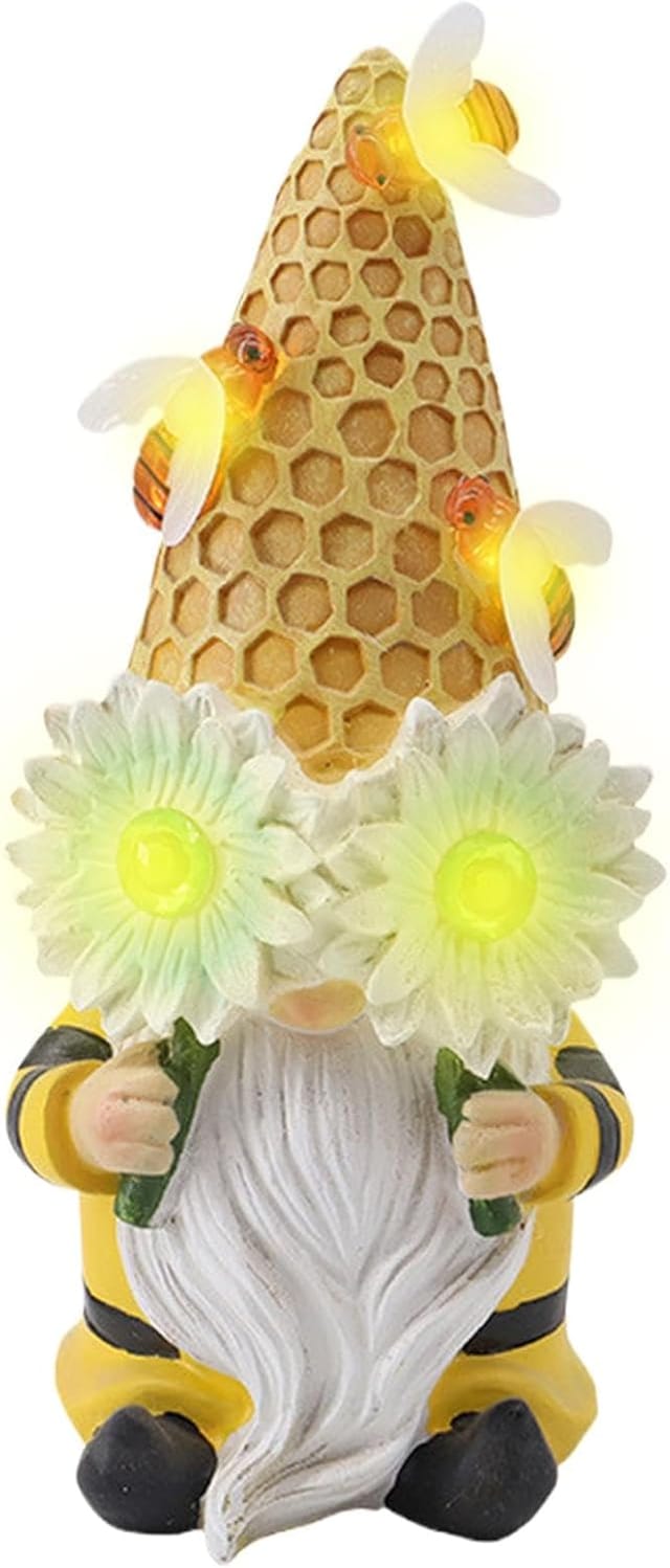 Solarbetriebene Gartenzwergfigur Mit Bienen Und Sonnenblume, 24 Cm Große Harzstatue Für Den Außenbereich Zur Dekoration Von Garten, Terrasse, Rasen Oder Veranda, Geschenk Für Frauen/mädchen (gelb, Fra