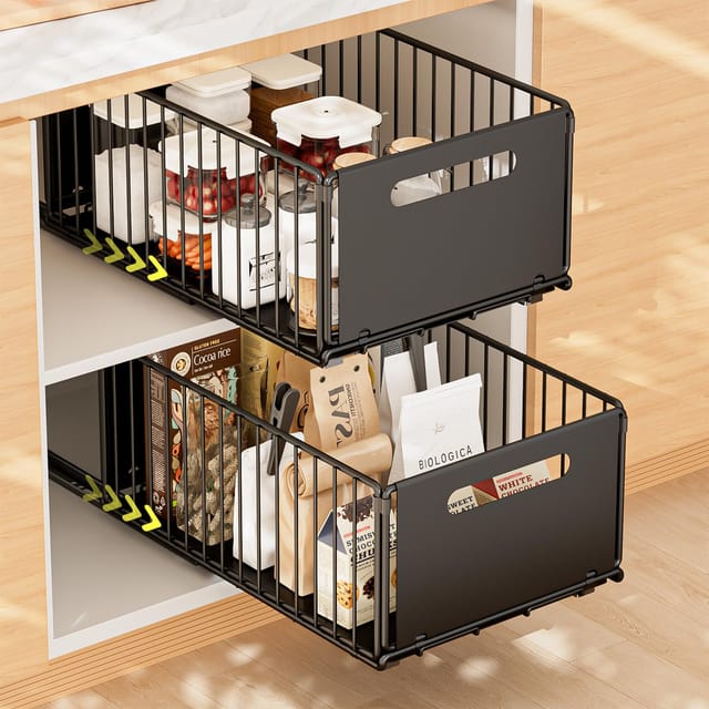 2-teiliger Küchen-schubladen-organizer, Schiebeschrank-organizer, Festes Schiebetablett, Kein Bohren Oder Nageln Erforderlich, 38 X 25 X 19 Cm (schwarz)