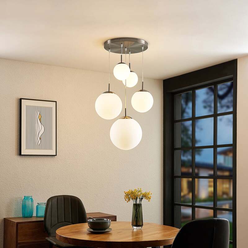 [neuwertig] B-ware Lindby Hängeleuchte Heleska Led Pendelleuchte Lampe 5-flammig Weiß Ø50cm Nickel