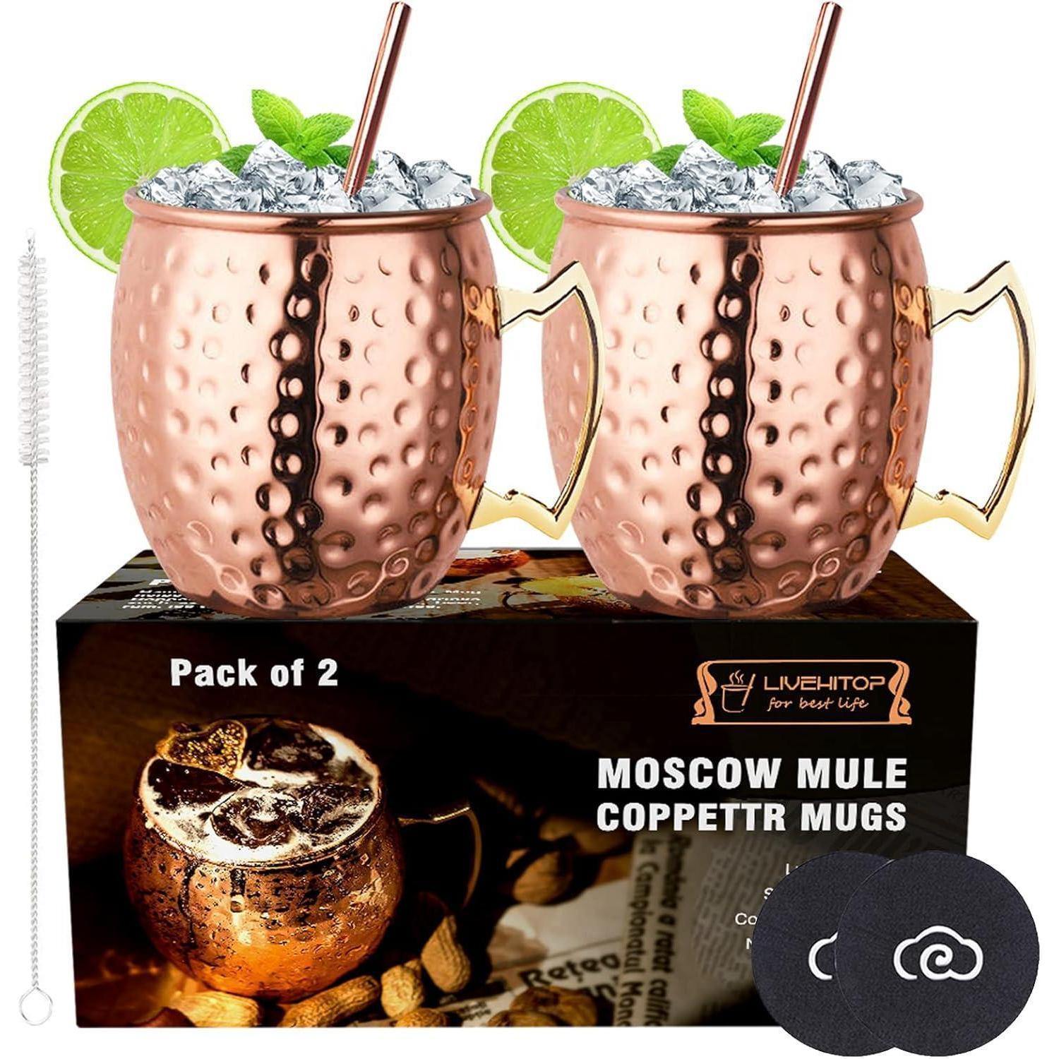 Moscow Mule Kupferbecher Set 2 Stück, 550ml, Gehämmert, Edelstahl-innenleben