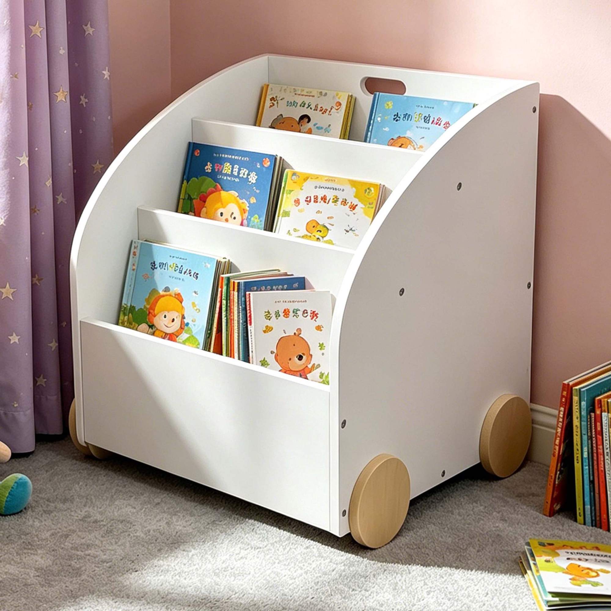 Mobiles Kinderbücherregal, 3 Ablagen, Weiß/natur