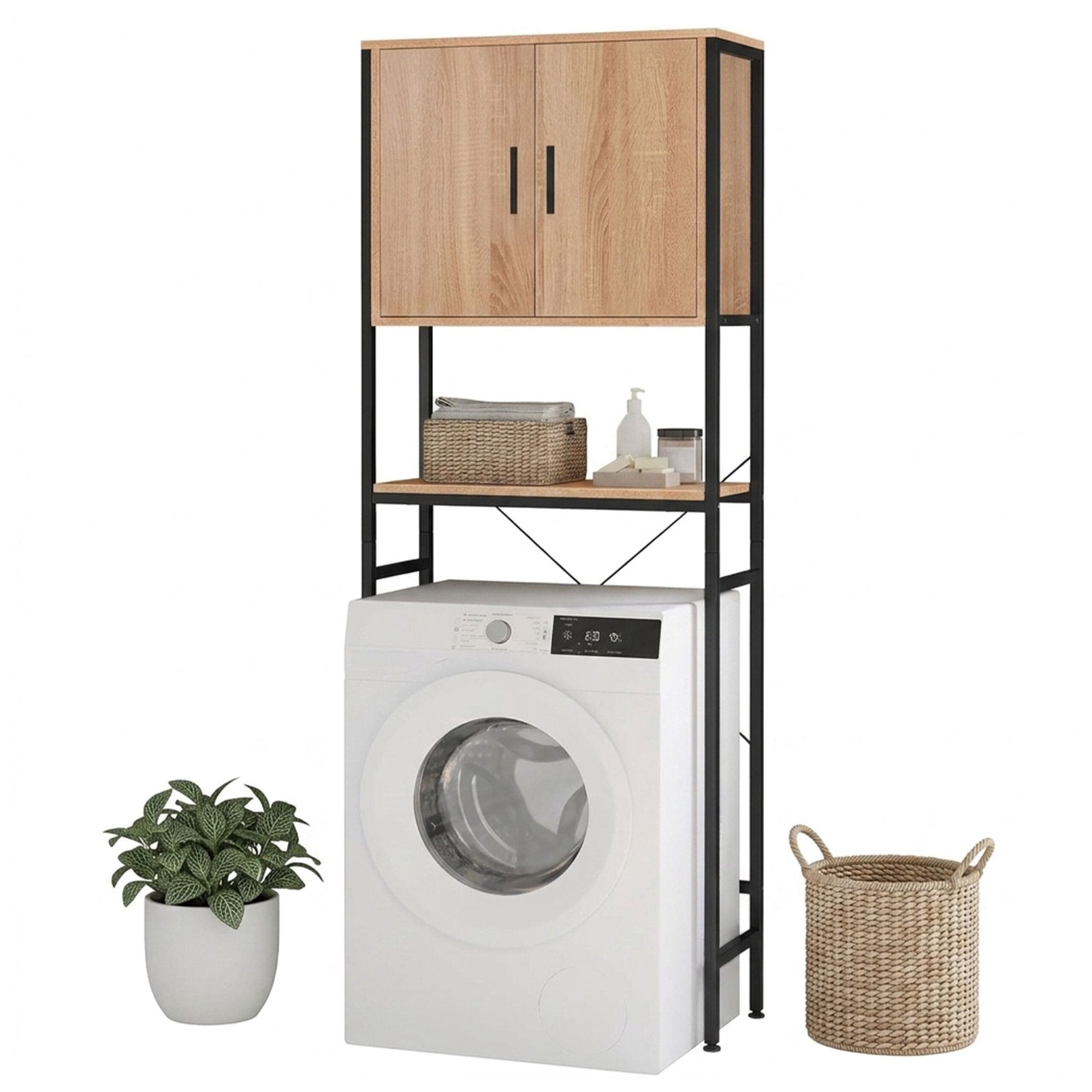 Waschmaschinenschrank Mit Türen, Holzoptik, Mdf & Metall