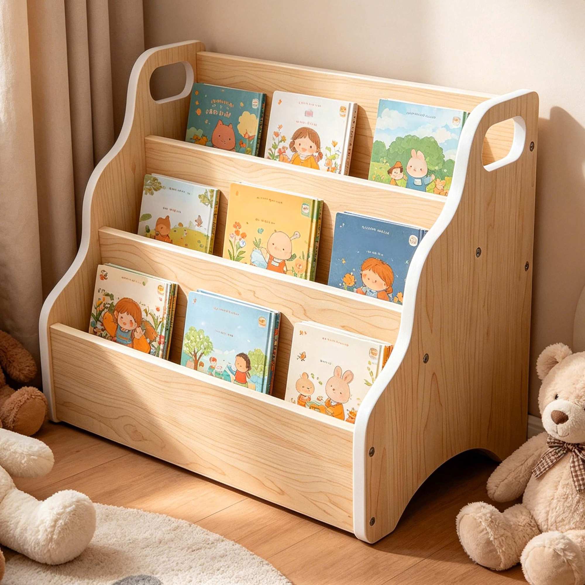 Tragbares Kinderbücherregal – Naturholz, 3-stöckiges Mdf